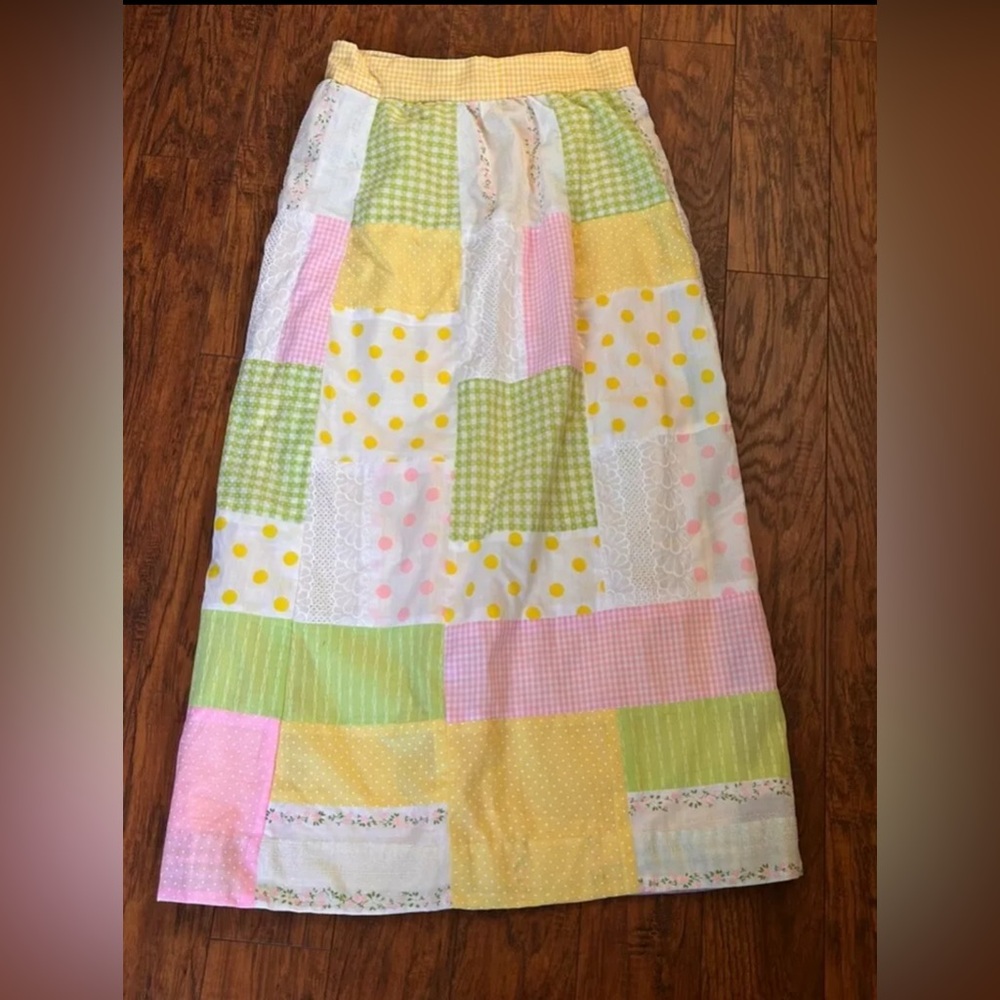 VTG 60's 70s One of a Kind pink green yellow Patchwork Skirt Maxi Medium